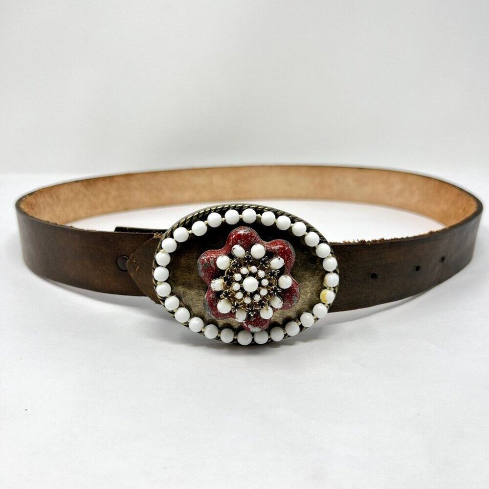 Ivan Tahan Vintage Western Leather Belt Floral Beaded Buckle Boho S/M